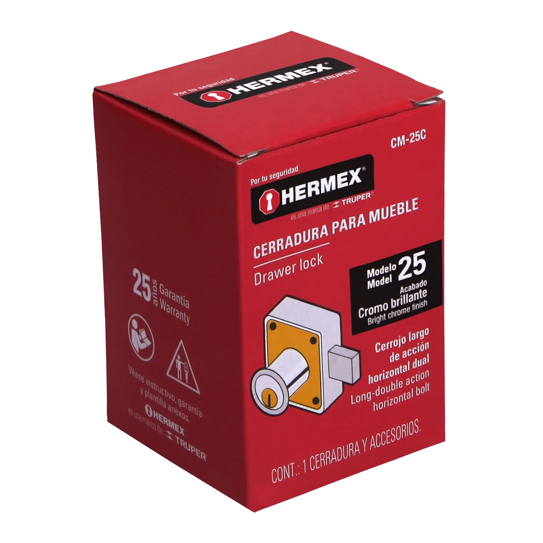Cerradura para mueble, modelo 25, cromo, HERMEX