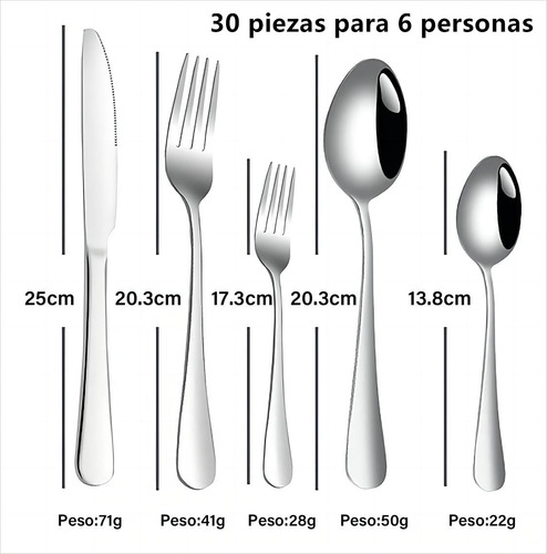Juego De Cubiertos De Acero Inoxidable 6 Personas, 30 Piezas Color Plateado