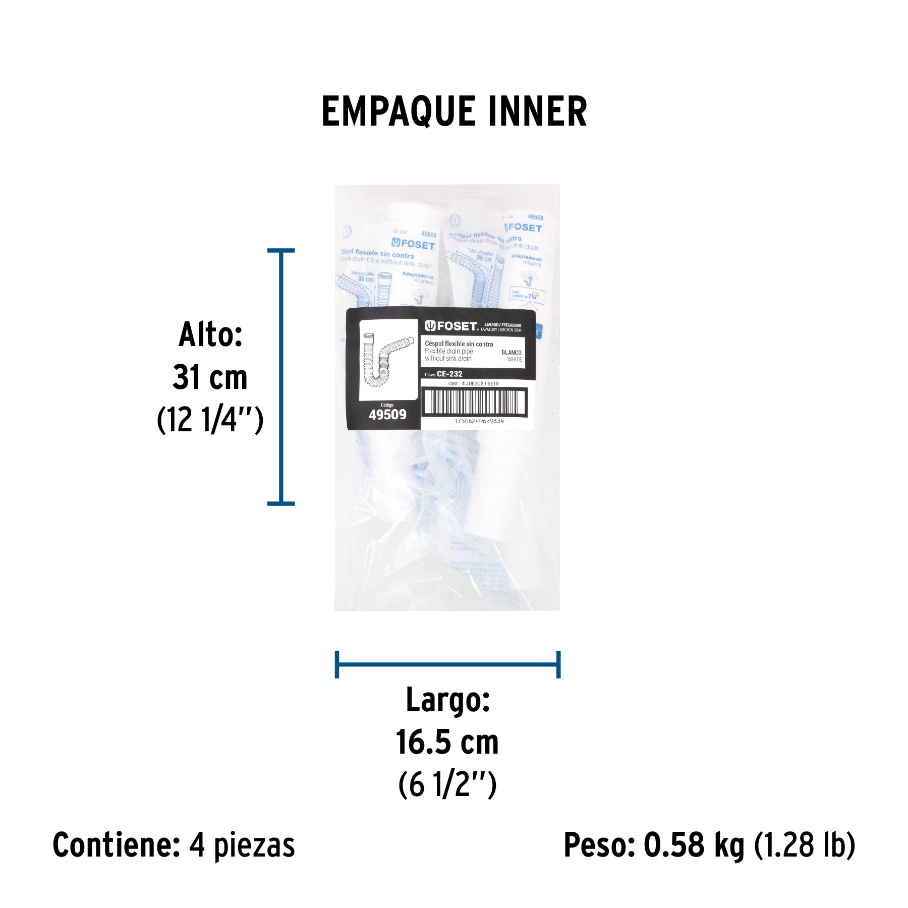 Céspol flexible, polietileno blanco, para lavabo y fregadero