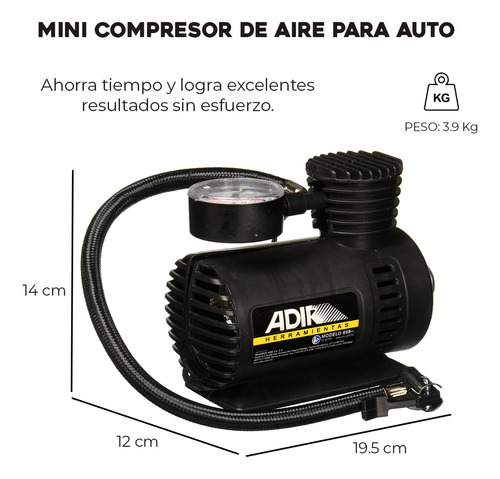 Compresor De Aire Mini Batería Portátil Adir 658 350 Psi 1 Manómetro Color negro