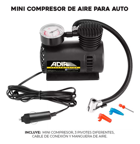 Compresor De Aire Mini Batería Portátil Adir 658 350 Psi 1 Manómetro Color negro