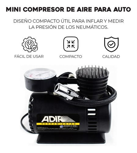 Compresor De Aire Mini Batería Portátil Adir 658 350 Psi 1 Manómetro Color negro