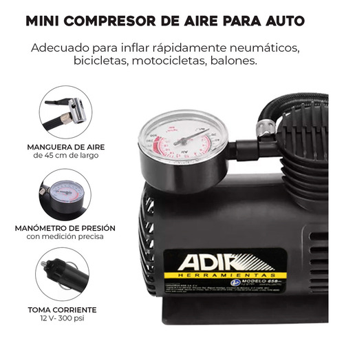Compresor De Aire Mini Batería Portátil Adir 658 350 Psi 1 Manómetro Color negro