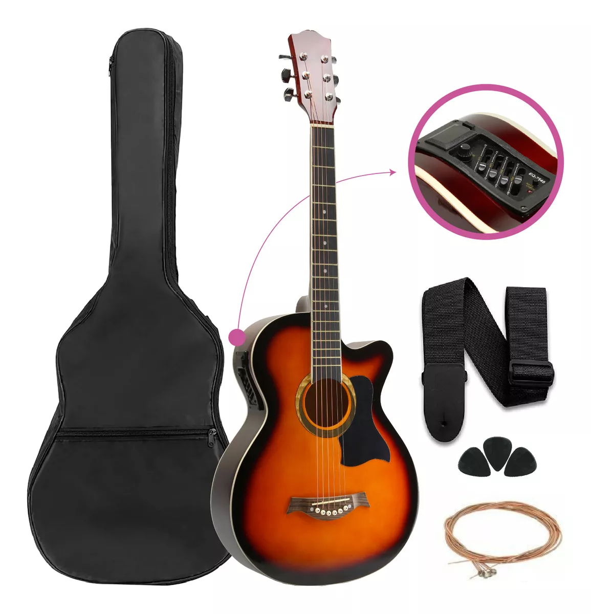 Guitarra Electroacústica 38” Naranja - Diapasón de Arce, Equalizador Integrado y Accesorios Incluidos para Músicos Modernos