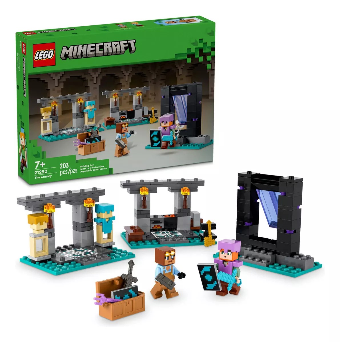 LEGO® Minecraft® La Armería 21252; juguete para niños 7+; Contiene minifiguras de los personajes Minecraft® Alex y el armero