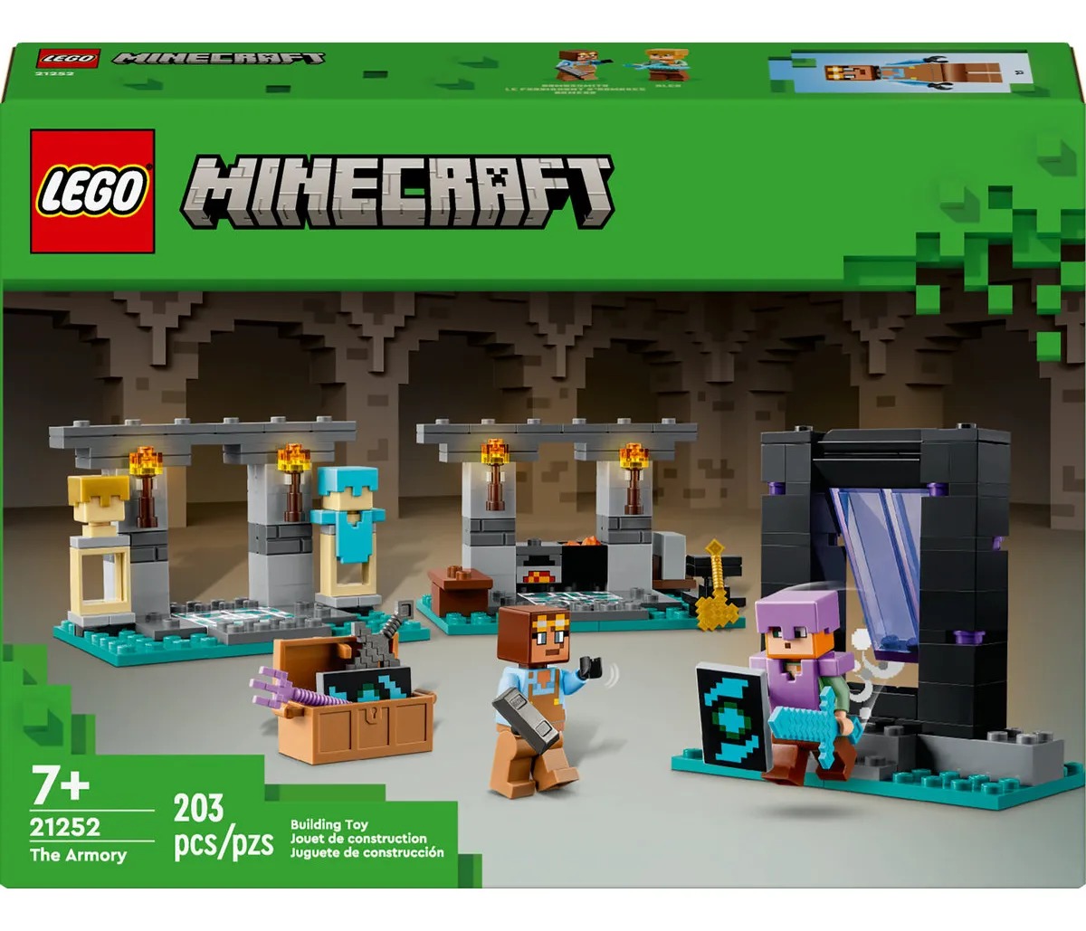 LEGO® Minecraft® La Armería 21252; juguete para niños 7+; Contiene minifiguras de los personajes Minecraft® Alex y el armero