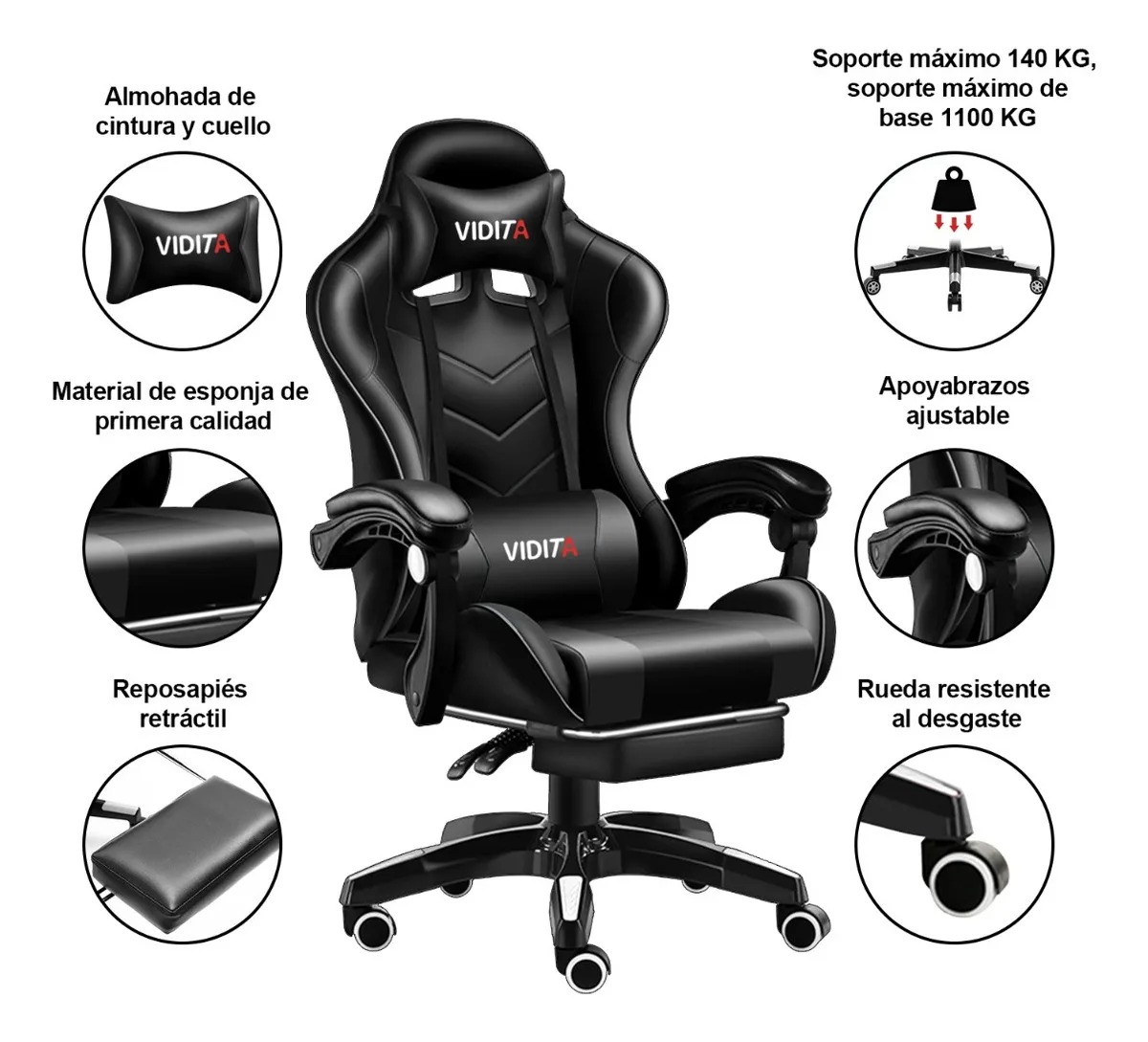 Silla Gamer Vidita GX2000 Vidita Vidita ergonómica negra con tapizado de poliuretano