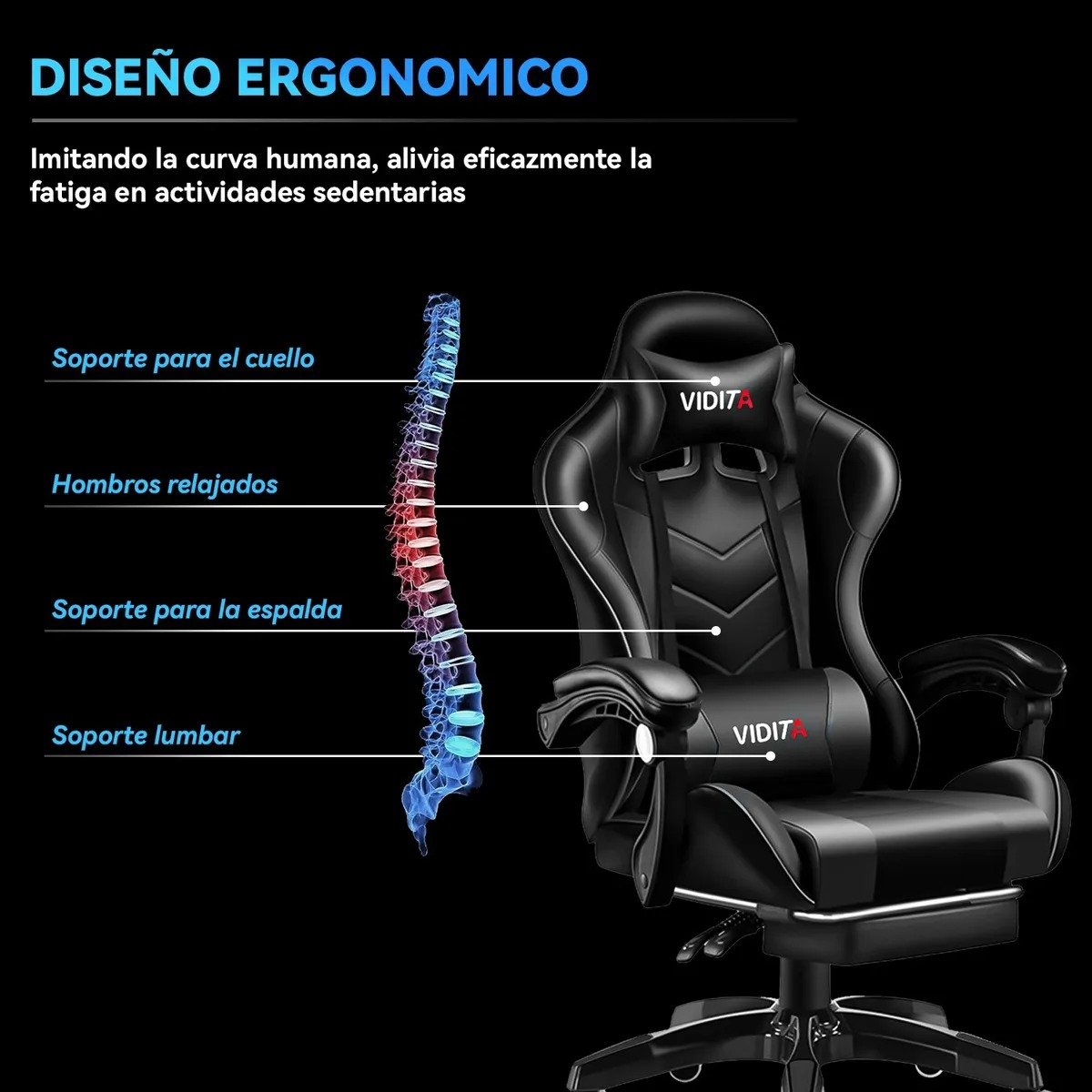 Silla Gamer Vidita GX2000 Vidita Vidita ergonómica negra con tapizado de poliuretano