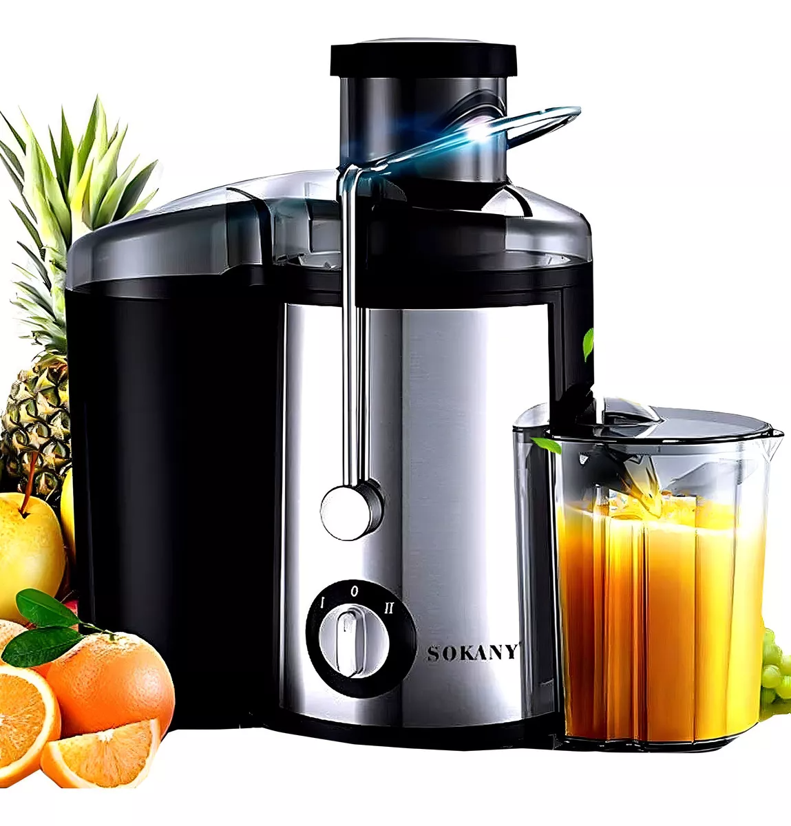Extractor De Jugos Automatico Frutas Y Verduras Sokany-4000 Home De Frutas Y Verduras De Alta Calidad Versión Mejorada Motor Potente De 800w Cuerpo De Acero Lnoxidable304 1600ml De Gran Color Plateado