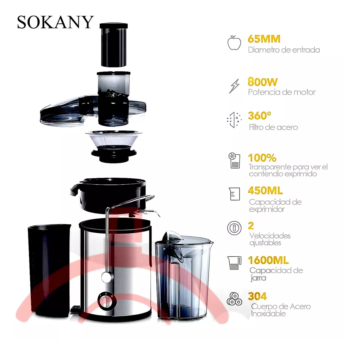 Extractor De Jugos Automatico Frutas Y Verduras Sokany-4000 Home De Frutas Y Verduras De Alta Calidad Versión Mejorada Motor Potente De 800w Cuerpo De Acero Lnoxidable304 1600ml De Gran Color Plateado