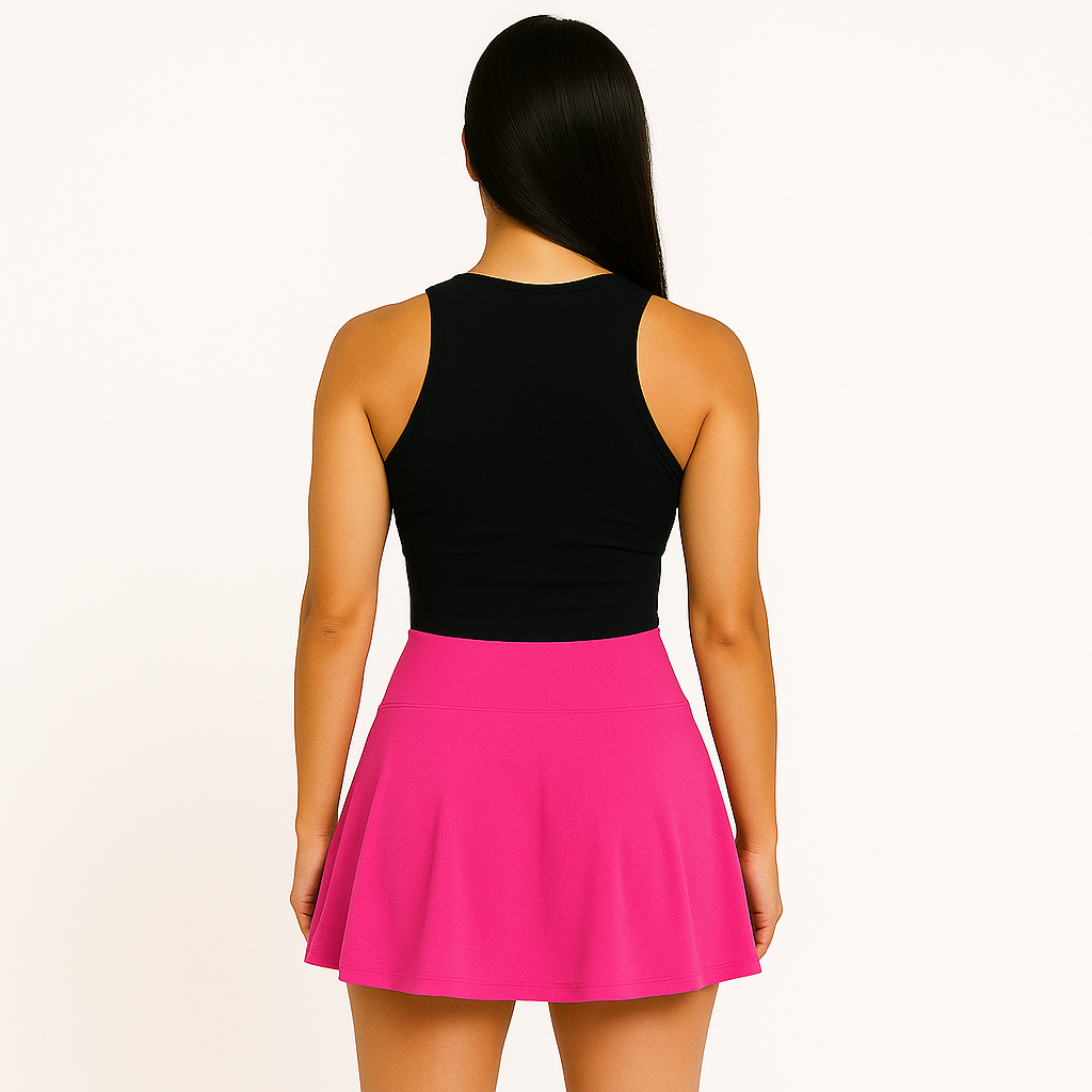 FALDA SHORT LICRA DEPORTIVA PREMIUM MUJER PARA TENIS, YOGA, FIT, GOLF, GYM, GIMNASIA, ATLETISMO, SENDERISMO, ACTIVIDADES AL AIRE LIBRE CON BOLSO INTEGRADO 2 EN 1 COLOR ROSA BARBIE