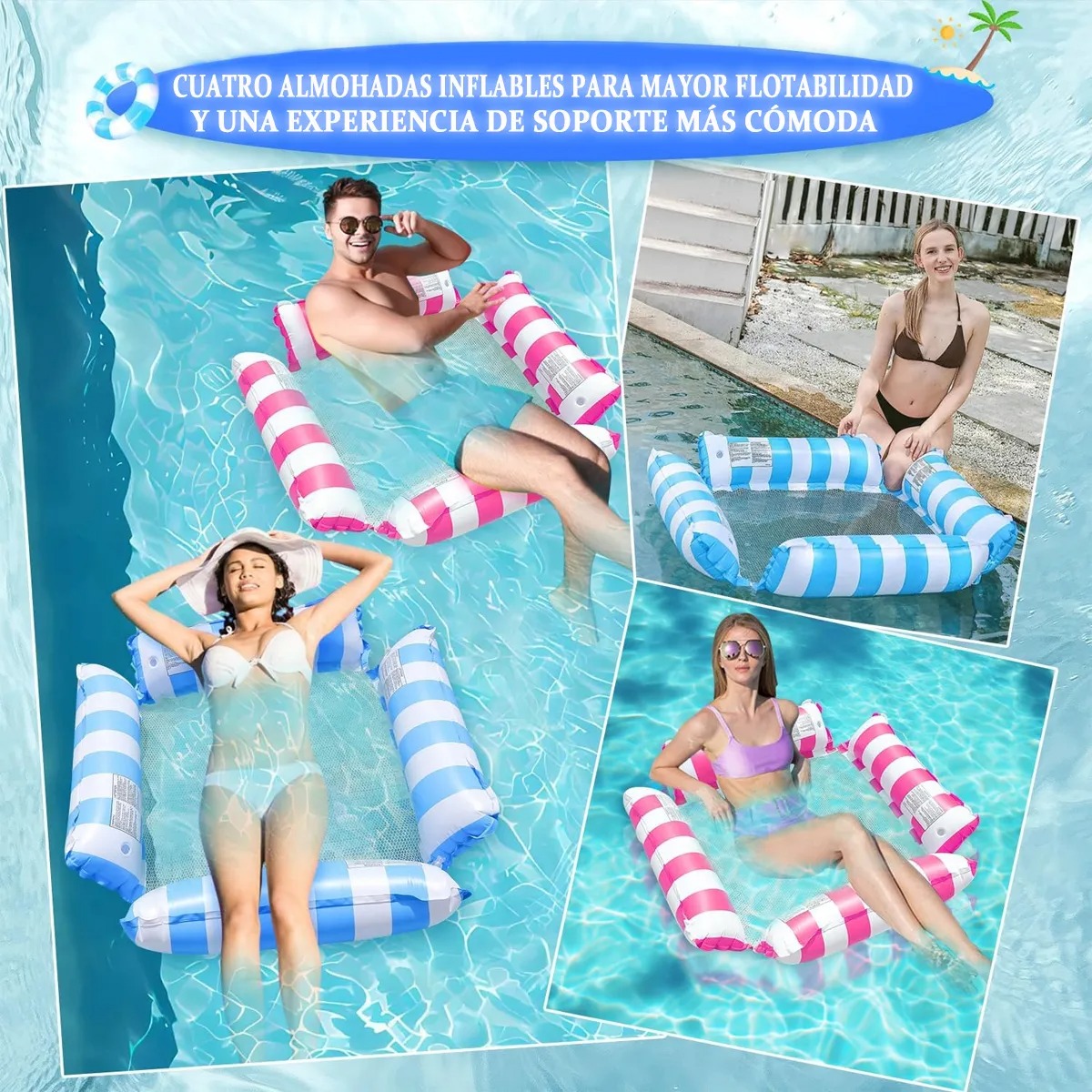 Hamaca Acuática Rosa Y Azul Claro, Sofá Inflable 4 En 1,