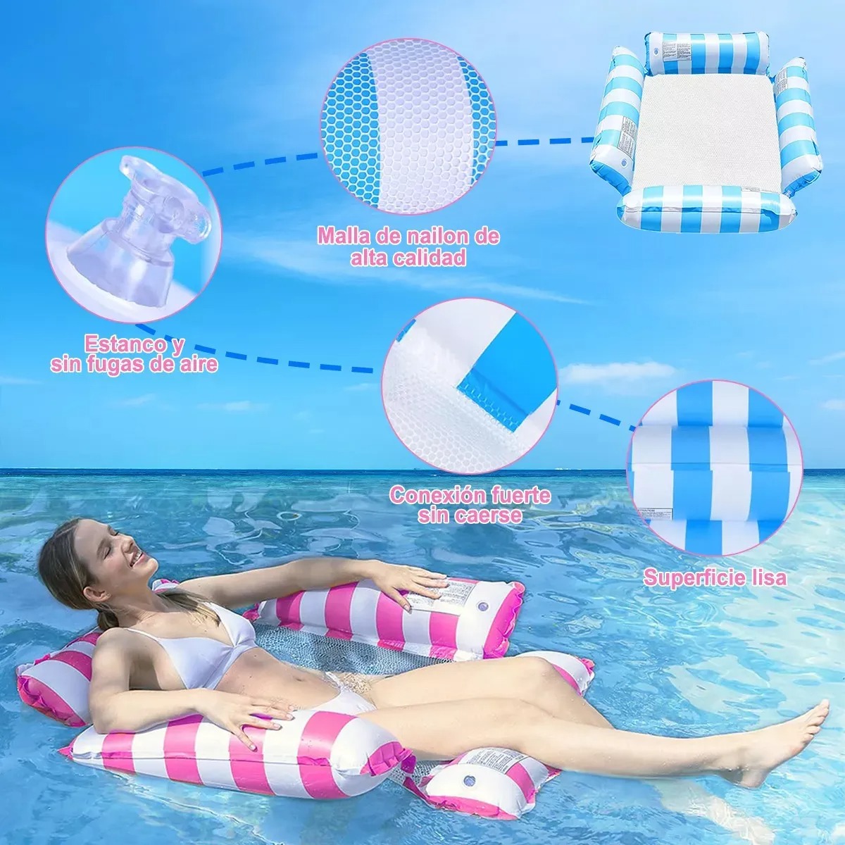 Hamaca Acuática Rosa Y Azul Claro, Sofá Inflable 4 En 1,