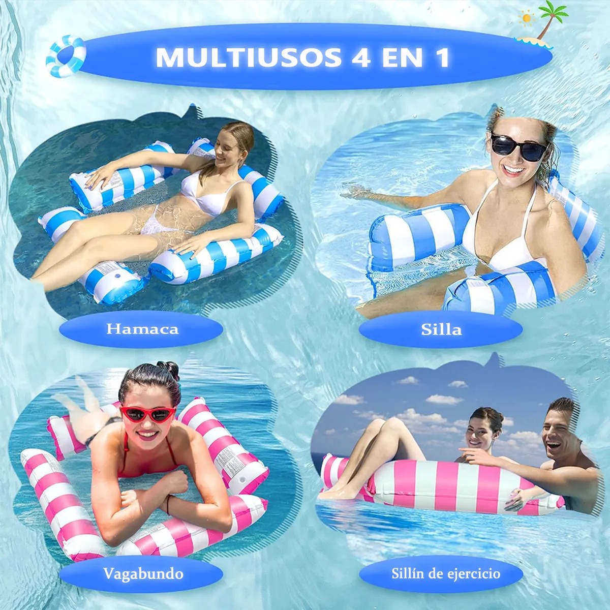 Hamaca Acuática Rosa Y Azul Claro, Sofá Inflable 4 En 1,
