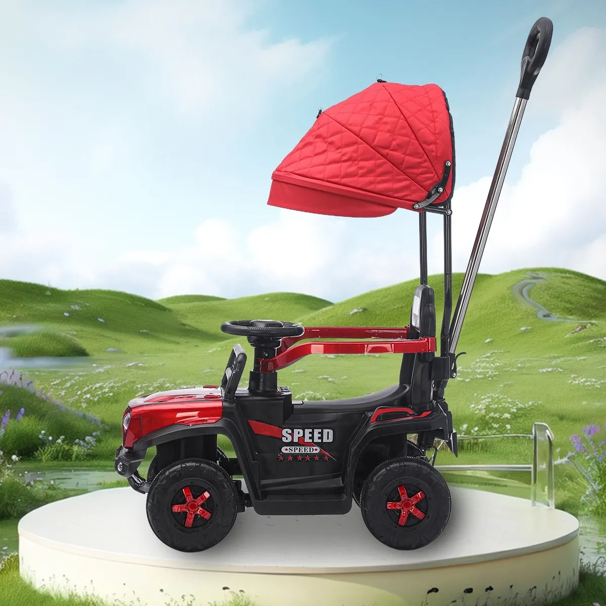 Carrito Montable Sombrilla Push Car Luces Y Sonido Niño Color Rojo