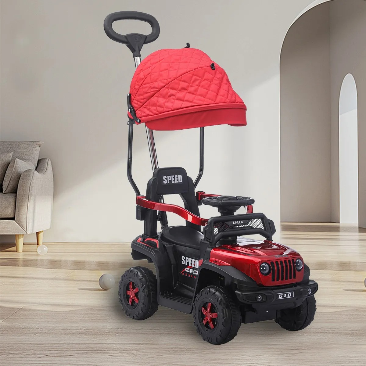 Carrito Montable Sombrilla Push Car Luces Y Sonido Niño Color Rojo