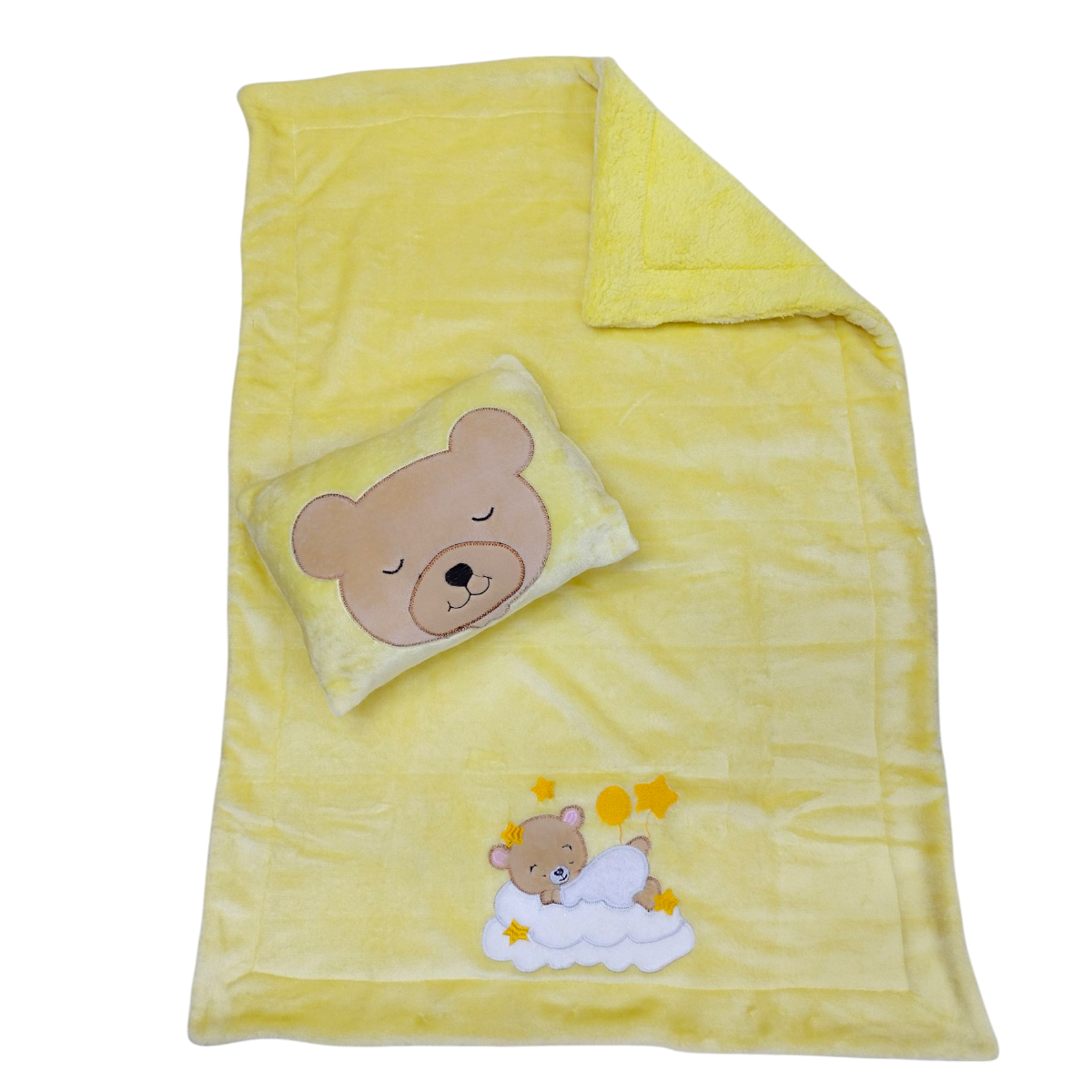 Cobertor Aborregado Bordado Y Almohada Amarillo Tamaño Baby O Viajero