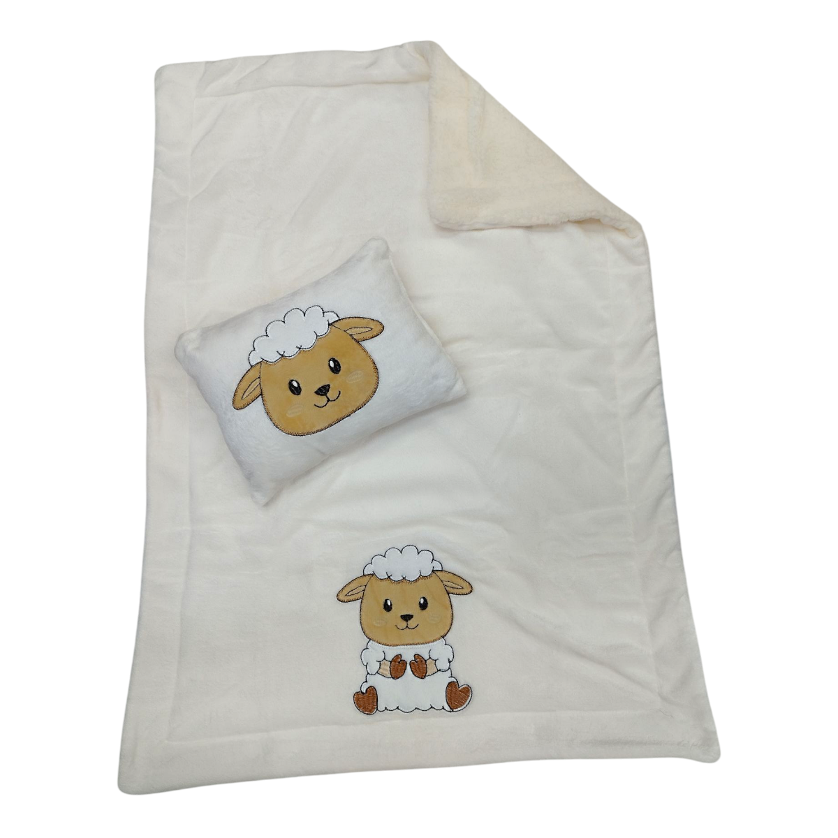 Cobertor Aborregado Bordado Y Almohada Beige Tamaño Baby O Viajero