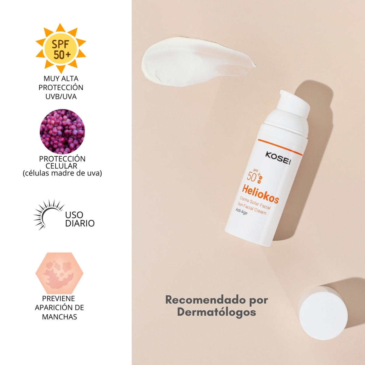 KOSEI Heliokos Protector solar facial antiedad FPS50+ con células madre y vitamina E, textura ligera para todo tipo de piel, 50ml