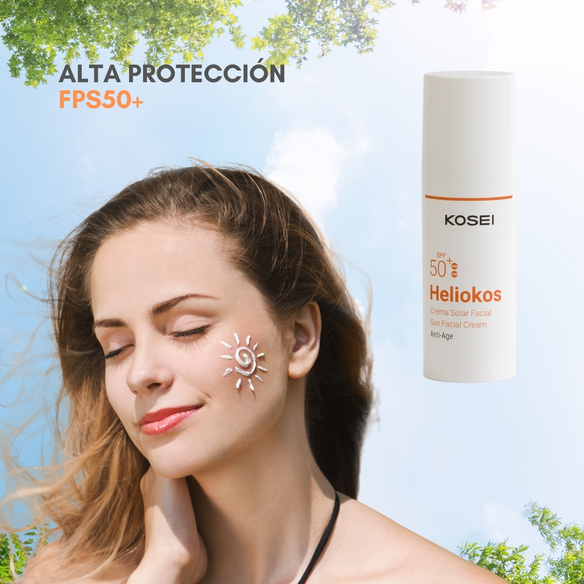KOSEI Heliokos Protector solar facial antiedad FPS50+ con células madre y vitamina E, textura ligera para todo tipo de piel, 50ml
