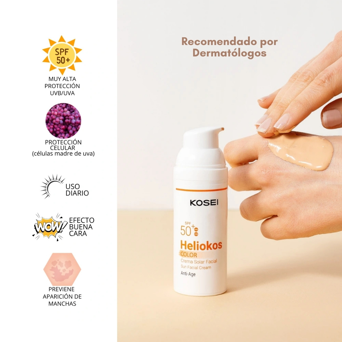 KOSEI Heliokos COLOR Protector solar facial antiedad FPS50+ con Células madre & Vitamina E. Textura ligera, Todo tipo de piel, 50ml