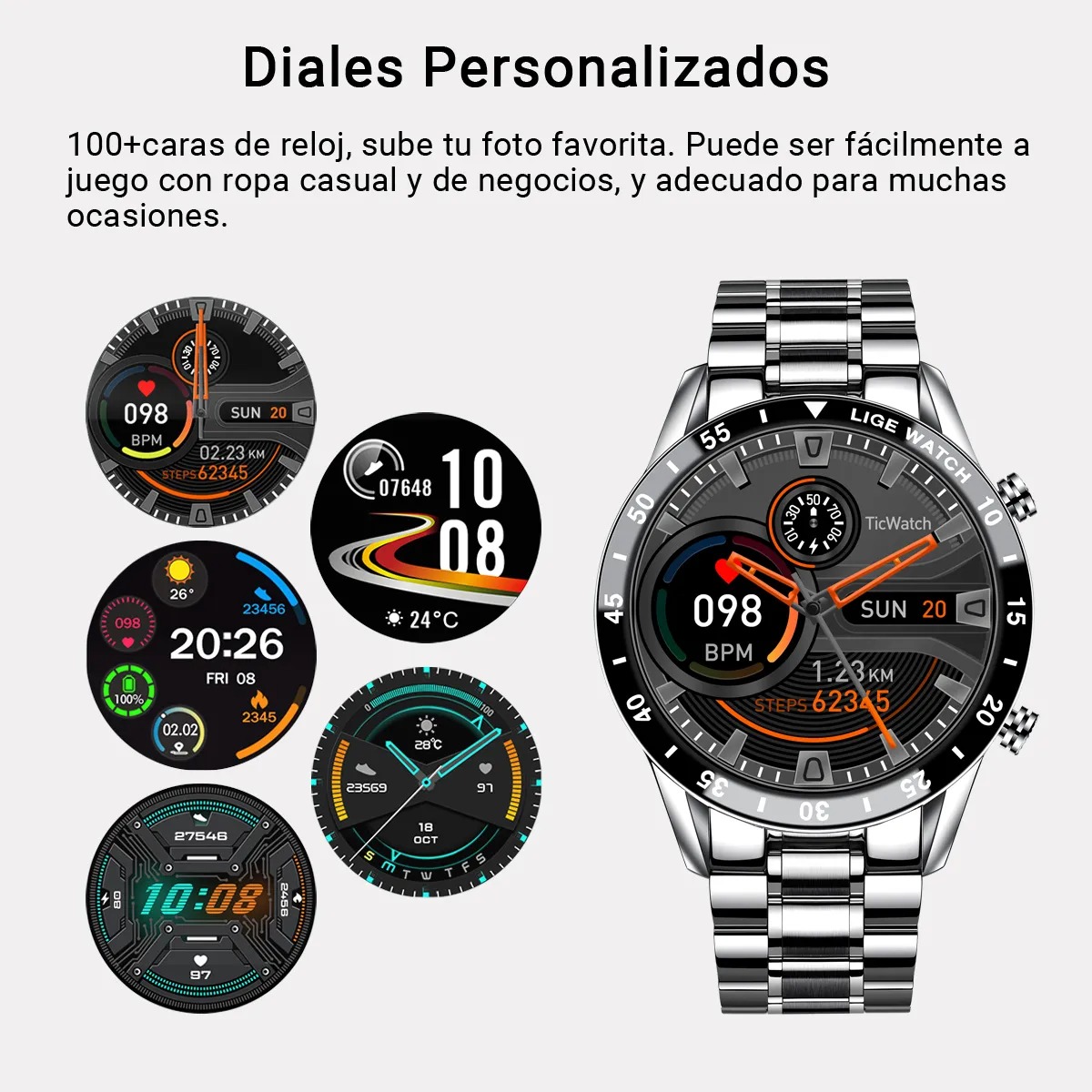 Smartwatch, Correa Plateada, Caja Negra, Multifunción, Resistente al Agua