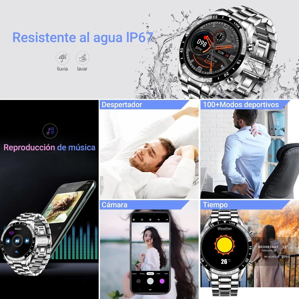 Smartwatch, Correa Plateada, Caja Negra, Multifunción, Resistente al Agua