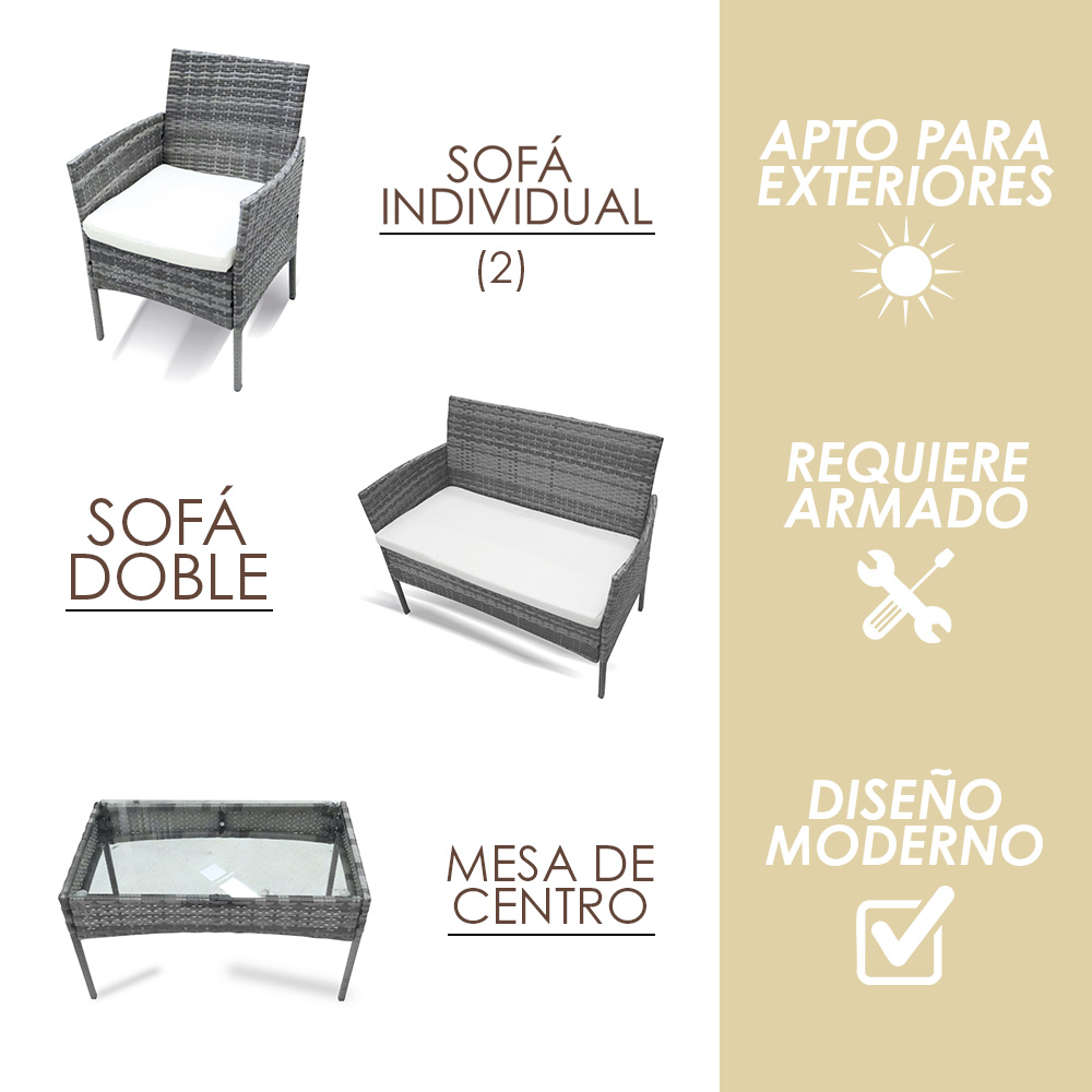 Ilios Innova Juego de Sala para jardín de 4 piezas fabricado en Mimbre sintético, Set para exteriores 3 Sofás con Asiento Acolchado y Mesa de Vidrio (Gris)