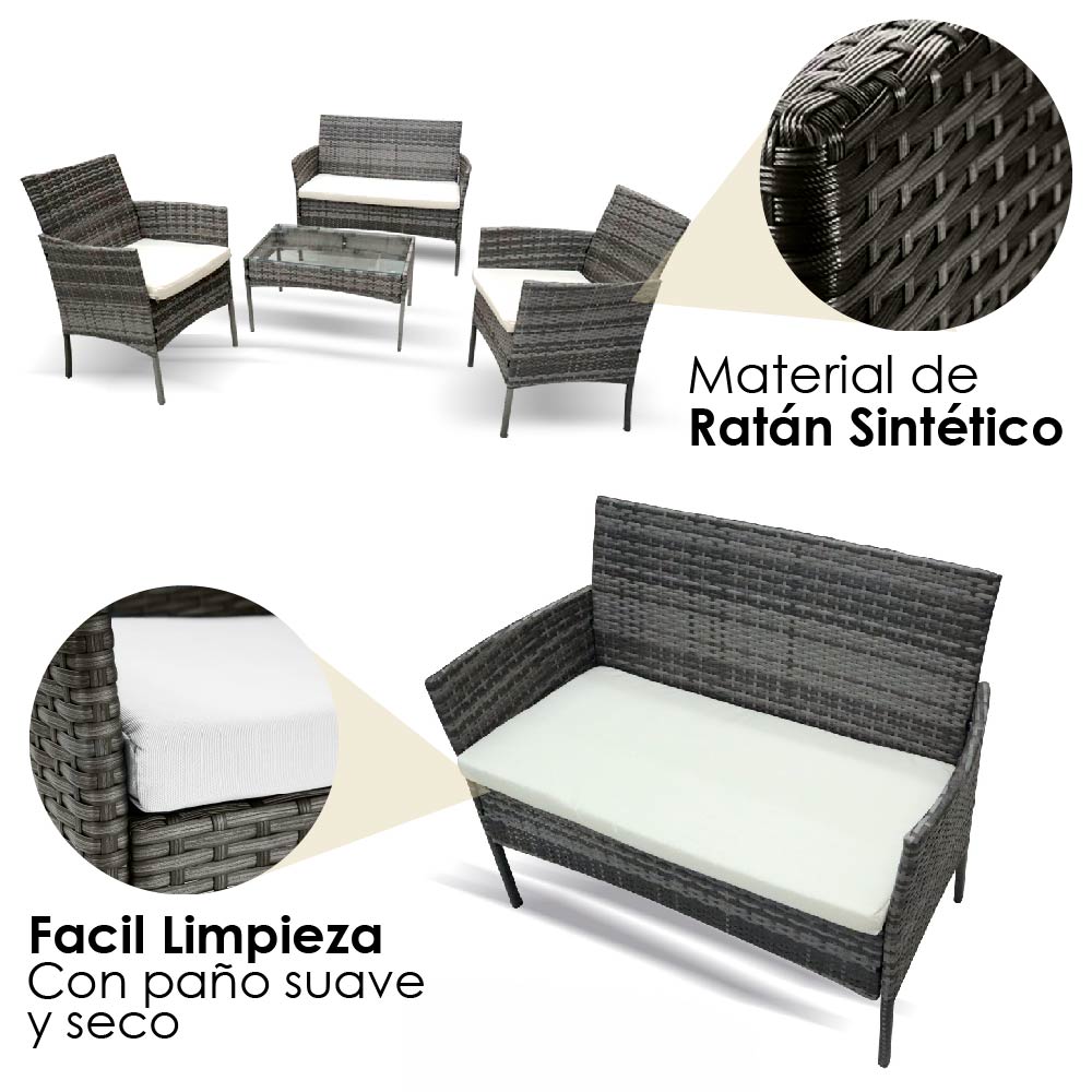 Ilios Innova Juego de Sala para jardín de 4 piezas fabricado en Mimbre sintético, Set para exteriores 3 Sofás con Asiento Acolchado y Mesa de Vidrio (Gris)