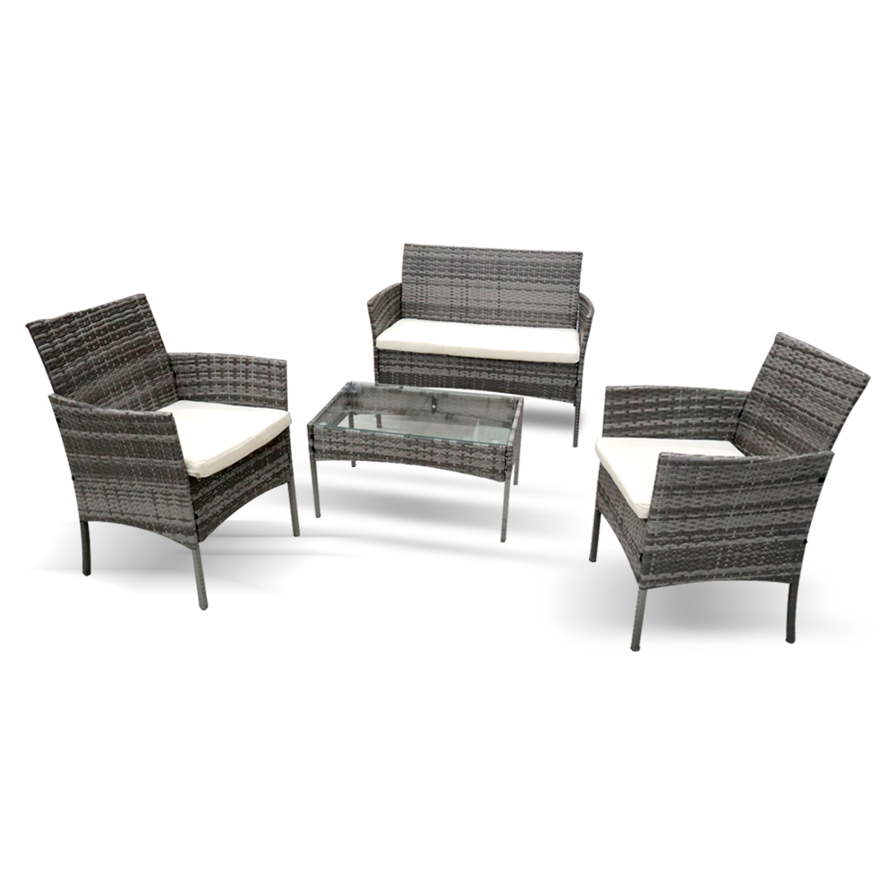 Ilios Innova Juego de Sala para jardín de 4 piezas fabricado en Mimbre sintético, Set para exteriores 3 Sofás con Asiento Acolchado y Mesa de Vidrio (Gris)
