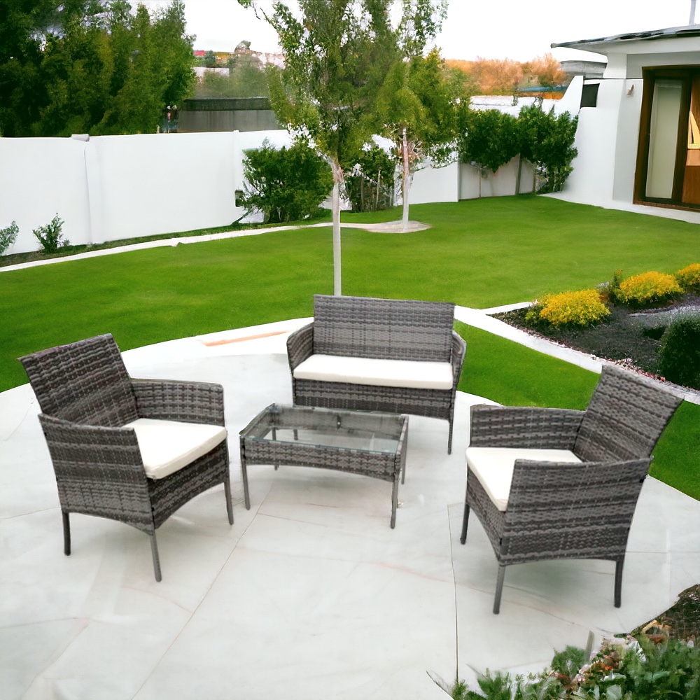 Ilios Innova Juego de Sala para jardín de 4 piezas fabricado en Mimbre sintético, Set para exteriores 3 Sofás con Asiento Acolchado y Mesa de Vidrio (Gris)