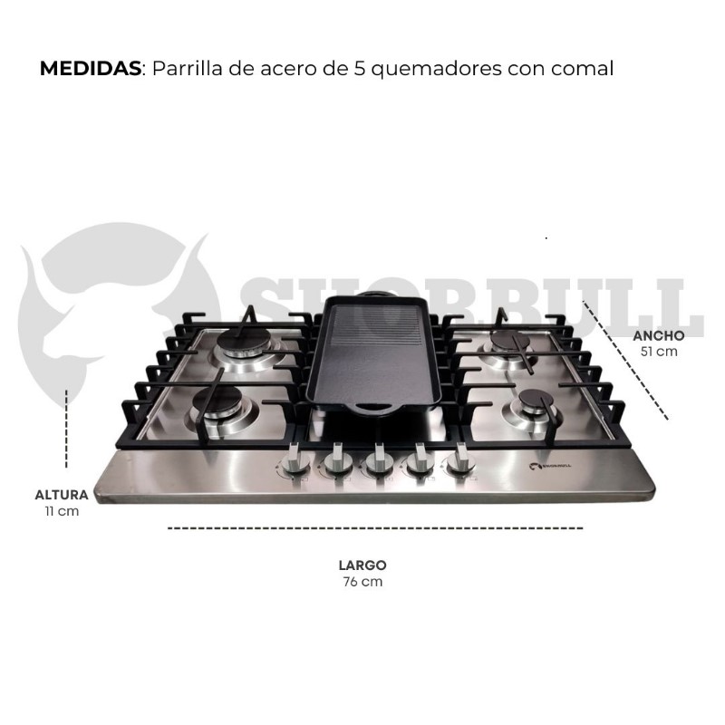 Estufa 5 quemadores acero inoxidable comal incluido