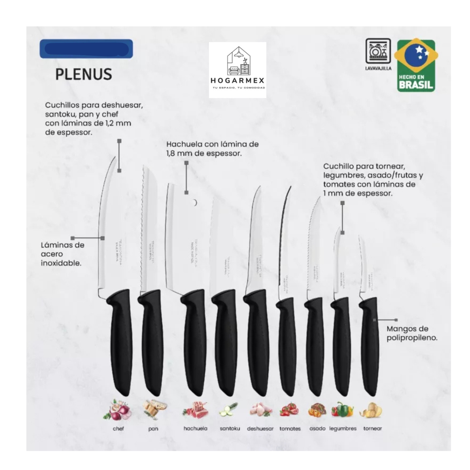 Set de 7 Cuchillos de Cocina de Acero Inoxidable con Mango Negro