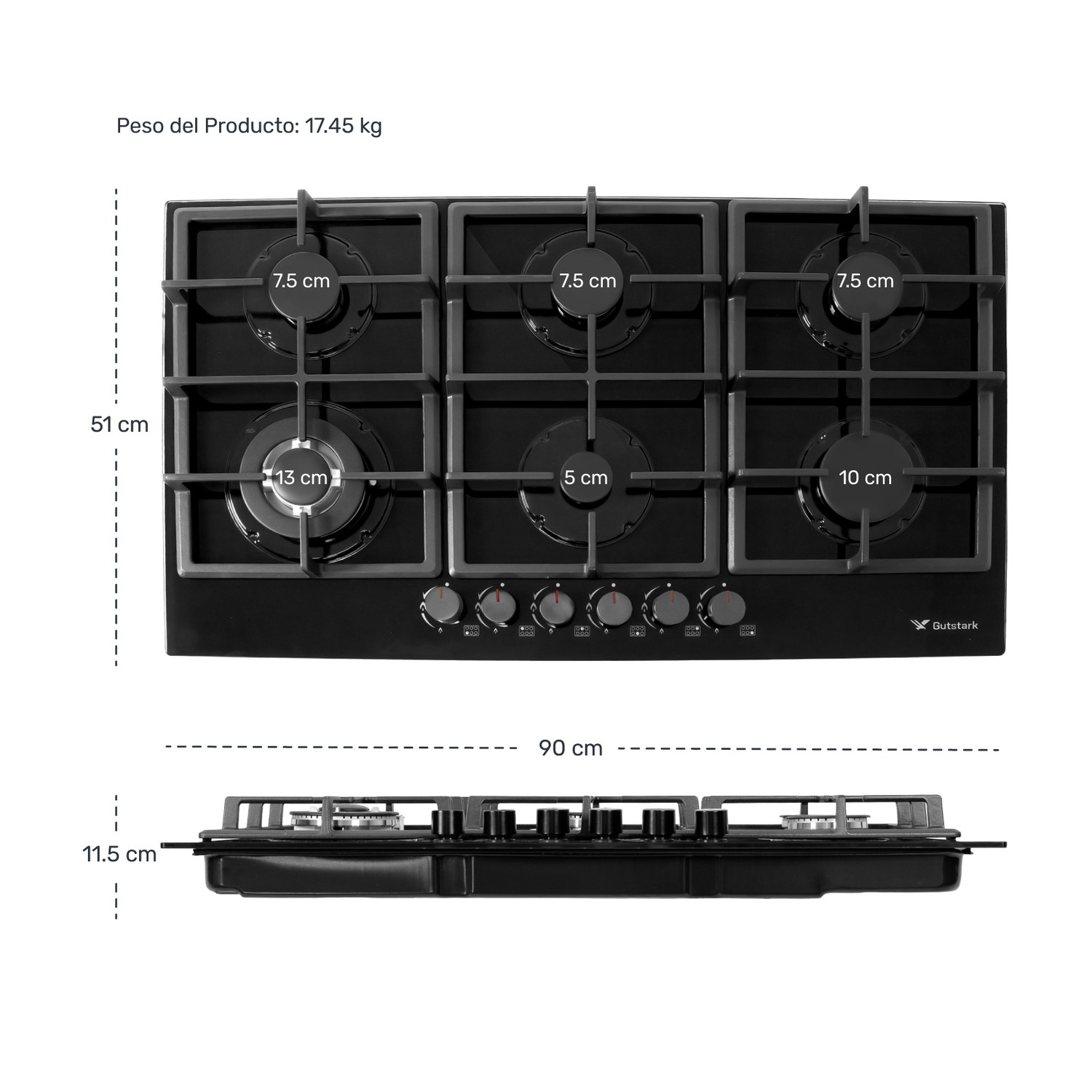 Parrilla Empotrable 6 Quemadores Cristal Templado Acero Inox.