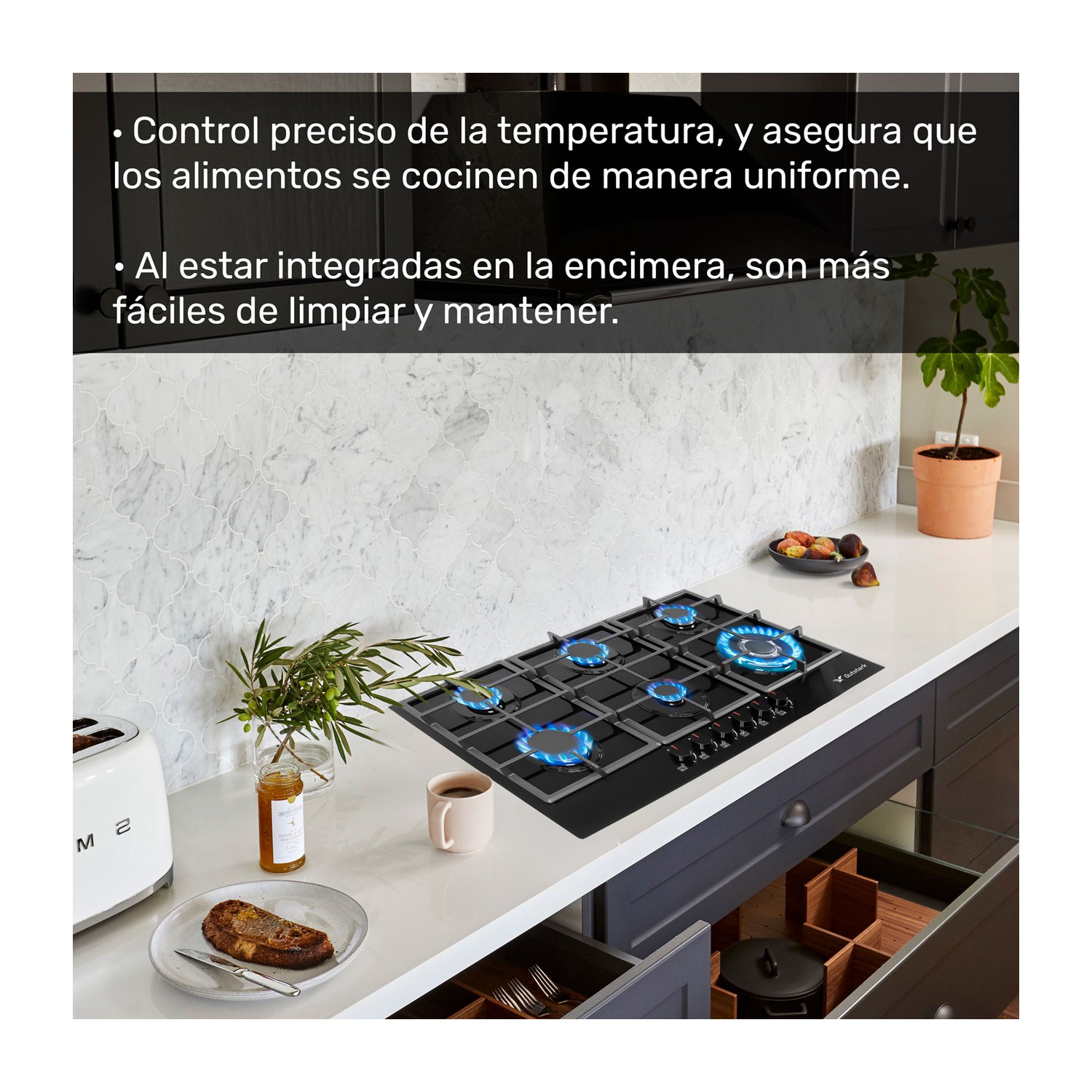 Parrilla Empotrable 6 Quemadores Cristal Templado Acero Inox.