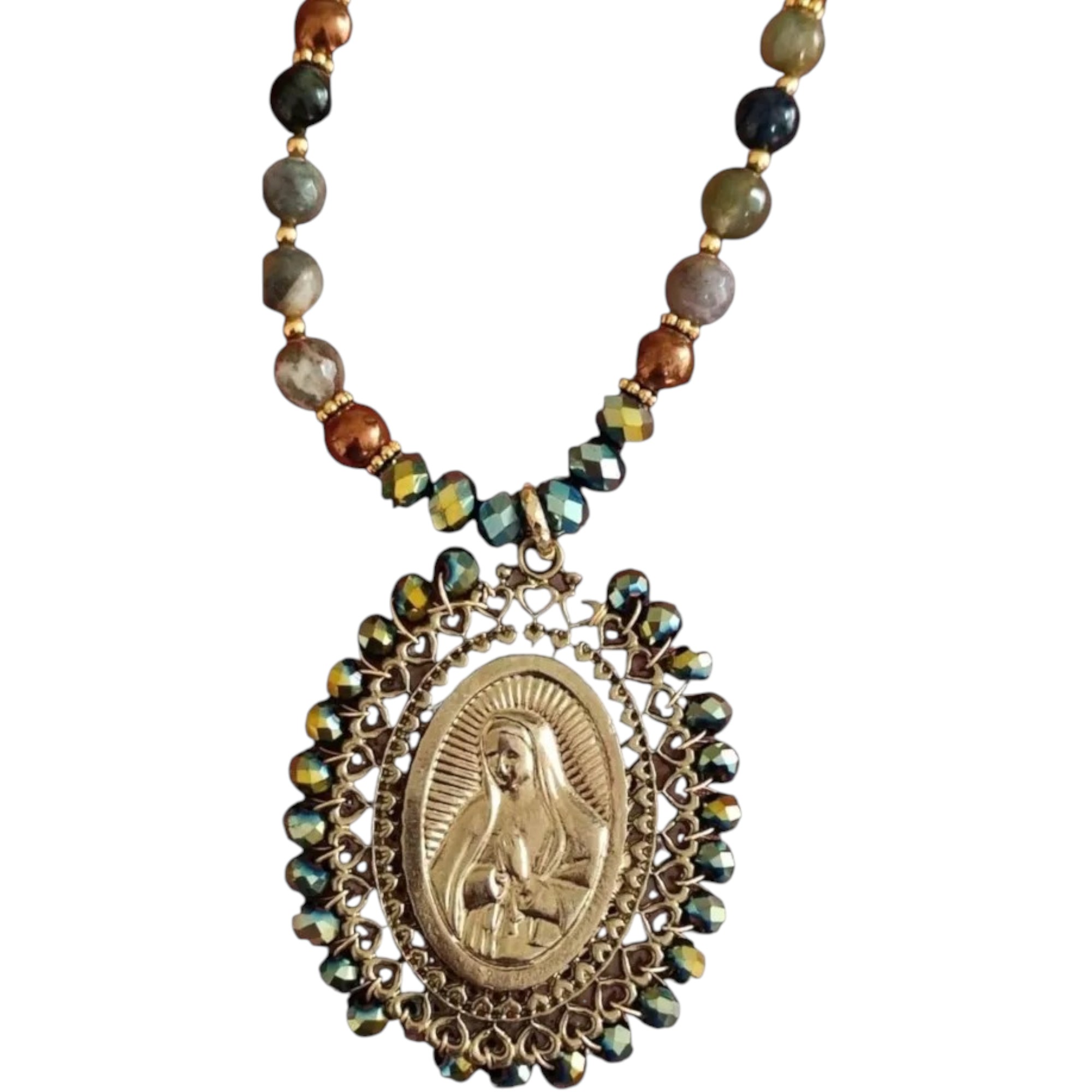 Set de Collar Virgen De Guadalupe,aretes,color Azul,agata Y Cristal