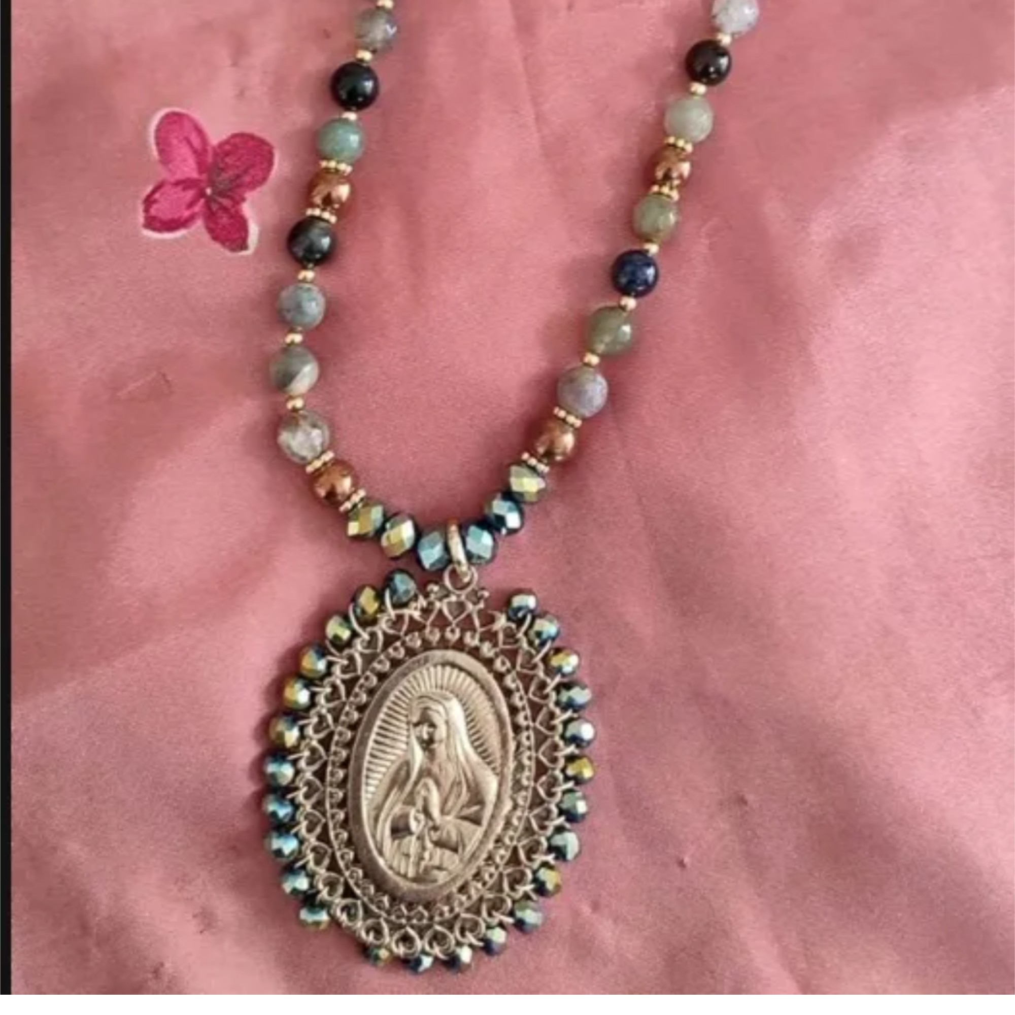 Set de Collar Virgen De Guadalupe,aretes,color Azul,agata Y Cristal