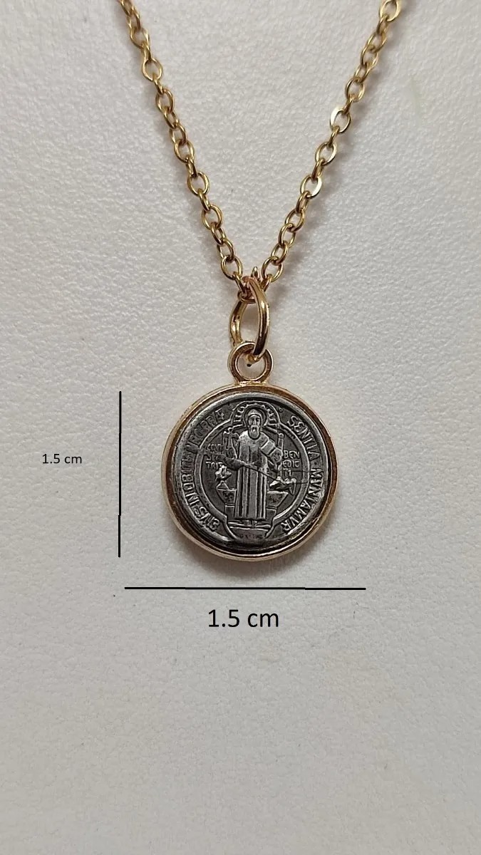 Collar San Benito, chapa de oro 18 kilates, medalla redonda