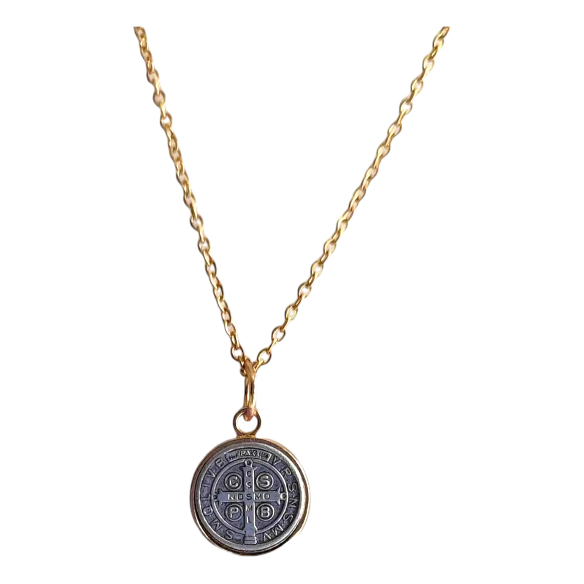 Collar San Benito, chapa de oro 18 kilates, medalla redonda