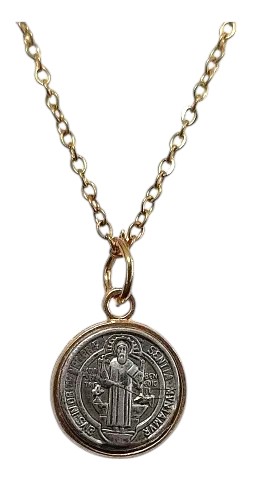 Collar San Benito, chapa de oro 18 kilates, medalla redonda