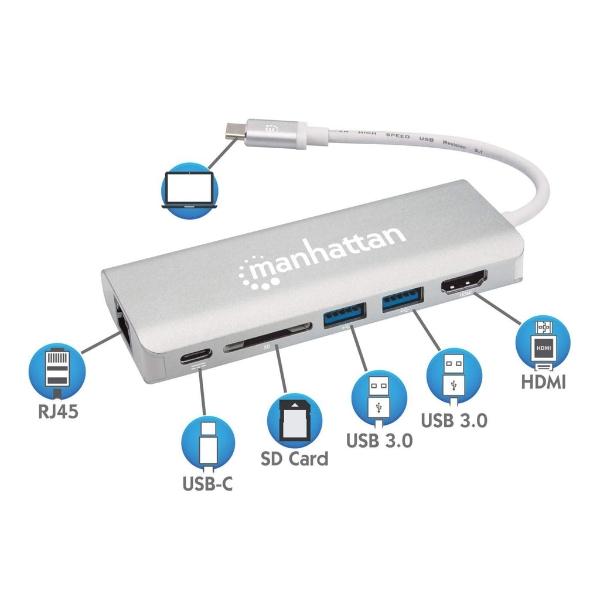 Docking Station multiplicador de puertos USB Tipo-C 6 en 1 Manhattan.