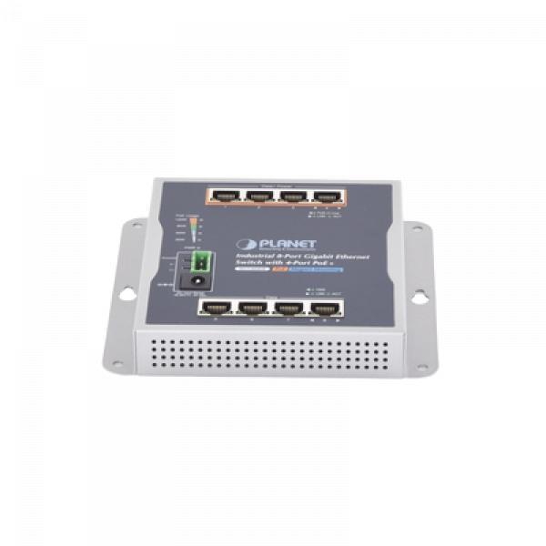 Planet Switch Industrial de Múltiple Montaje (Pared, Riel DIN y Magnético), 8 Puertos Gigabit con 4 puertos PoE 802.3at, Hasta 120 W.