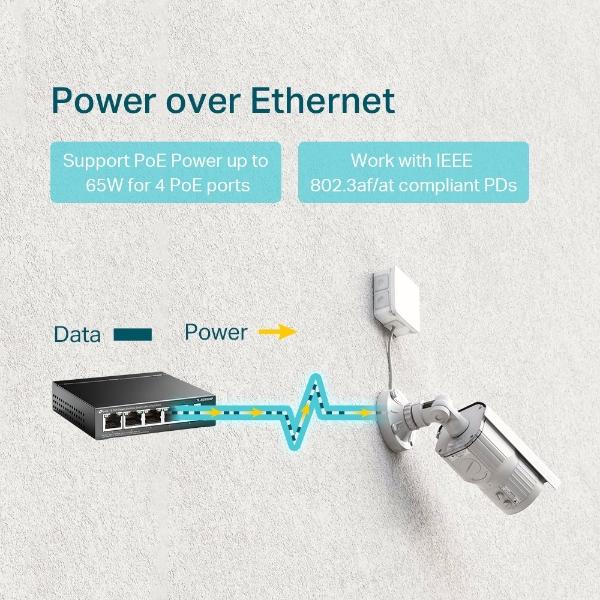 TPLINK Switch Escritorio No Administrable de 5 puertos 10/100/1000 Mbps / Con 4 puertos PoE 802.3af/at de hasta 65 W / PoE Extendido hasta 250 metros