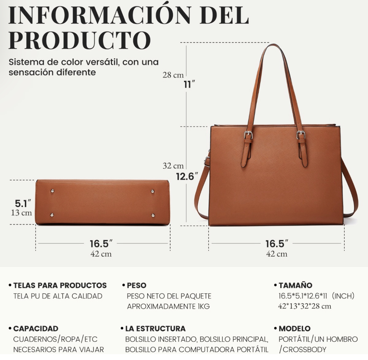 Bolsa Tote Bag Maletín Portafolio Bandolera Mujer P/ Laptop