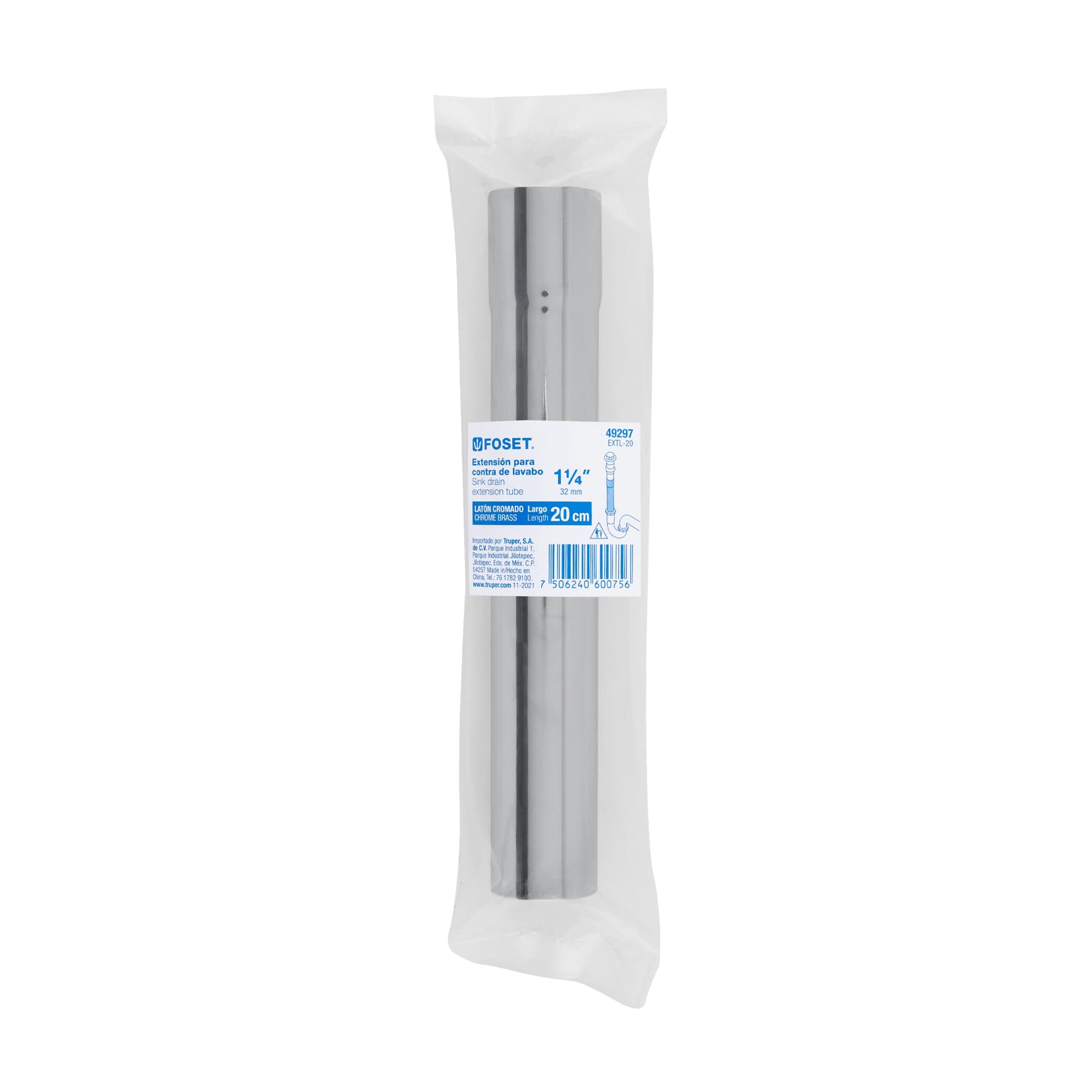 Extensión 20 cm latón cromado para contra de lavabo, 1-1/4'