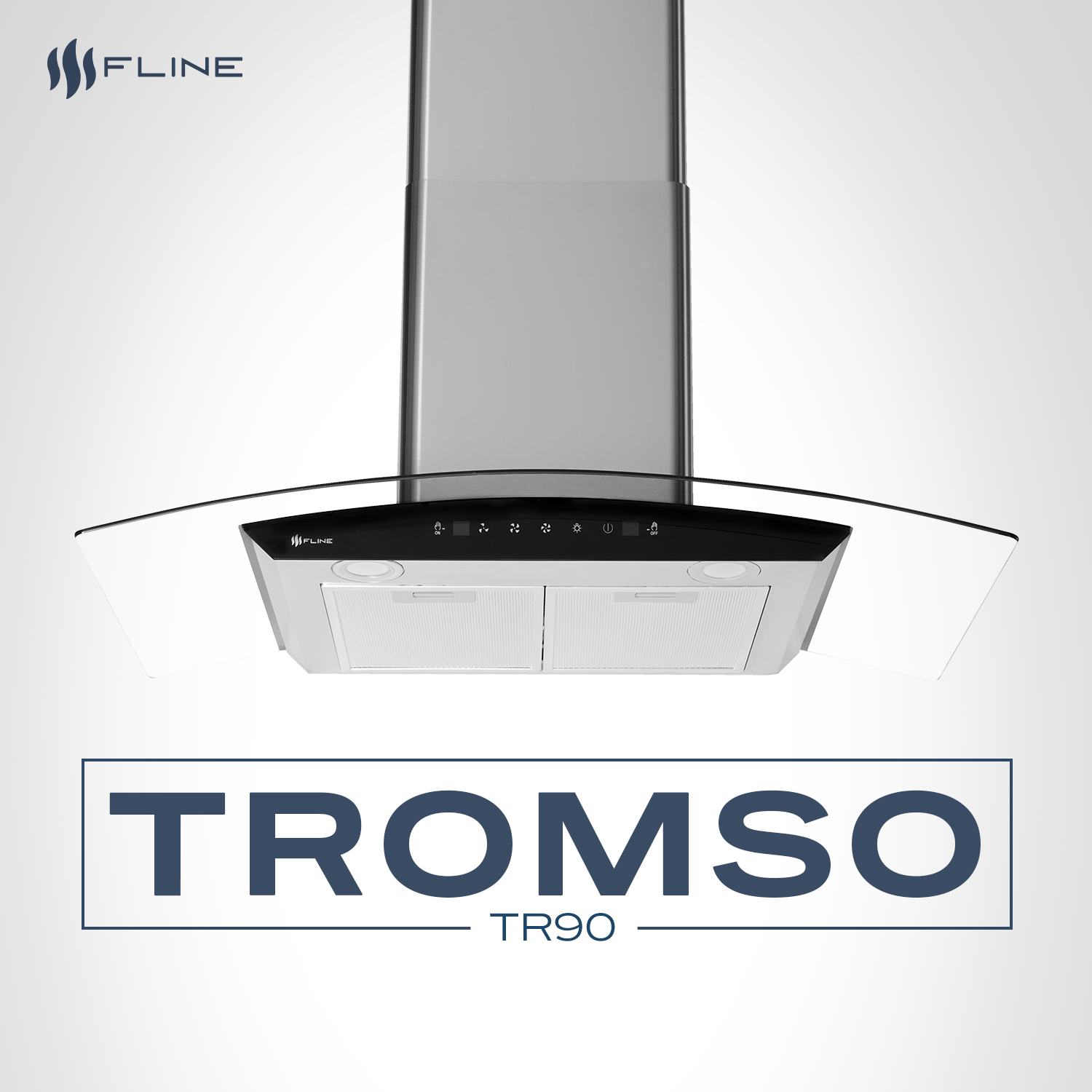FLINE | Campana de cocina 90 cm | DE PARED | Controles Touch | extractora | cristal curvo y  acero Inoxidable | 3  velocidades | Tromso 90