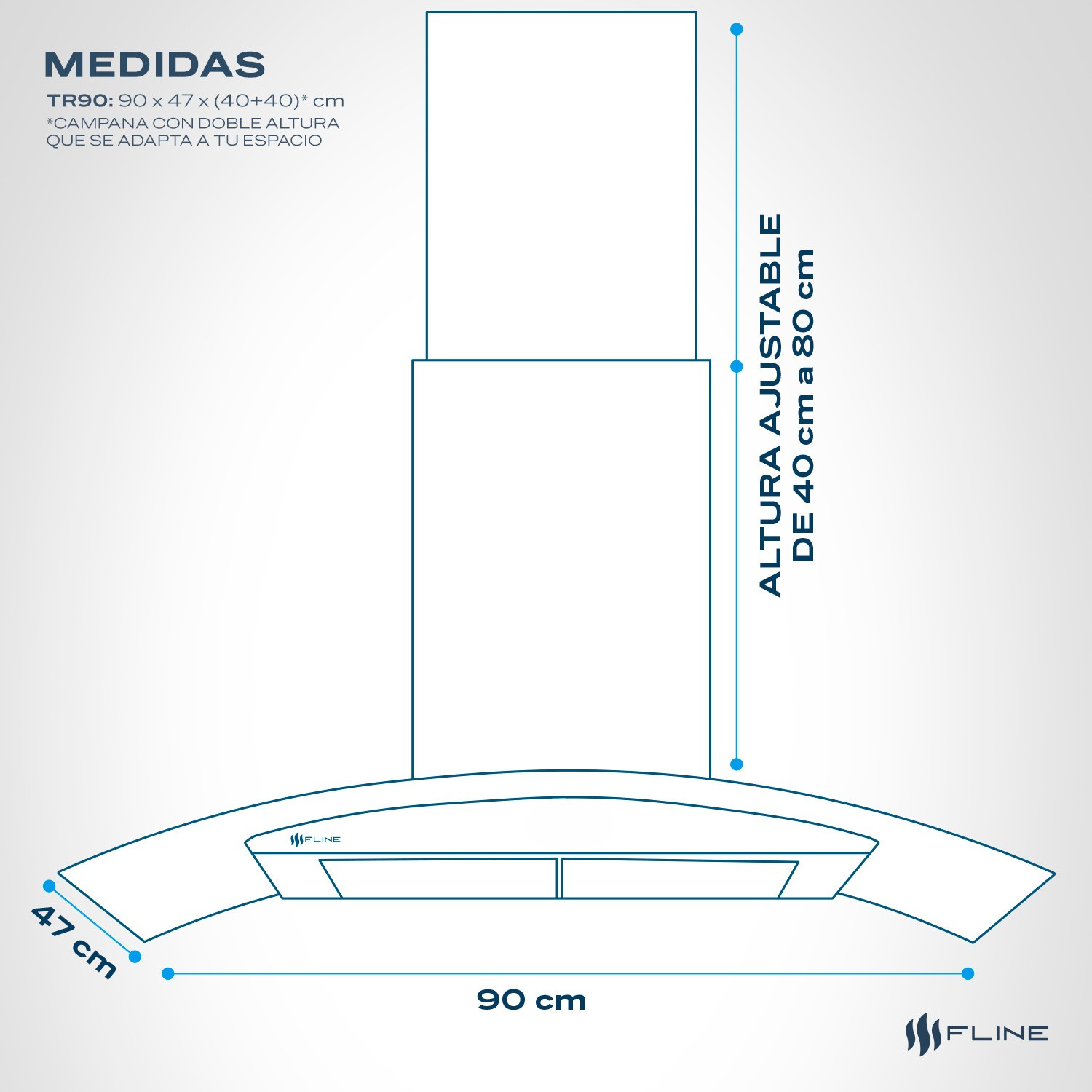 FLINE | Campana de cocina 90 cm | DE PARED | Controles Touch | extractora | cristal curvo y  acero Inoxidable | 3  velocidades | Tromso 90