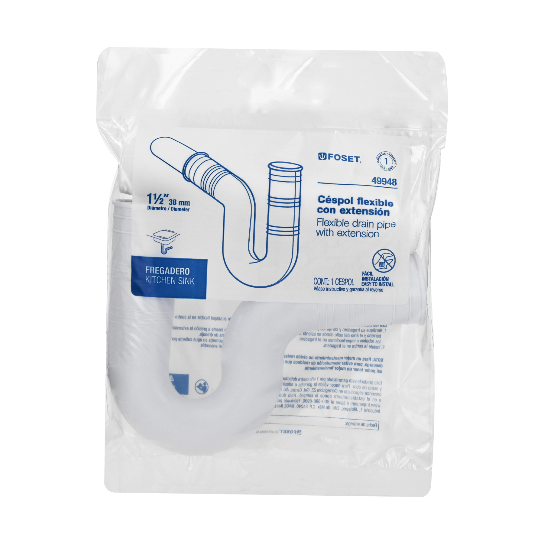 Céspol flexible 1-1/2' de PVC, con extensión, para fregadero