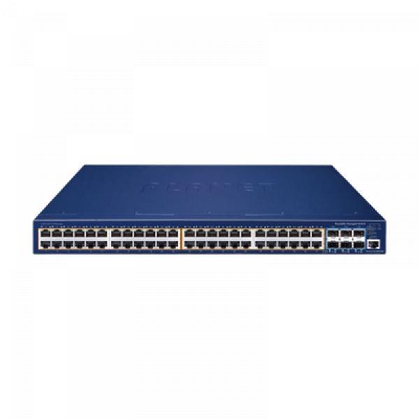Planet Switch Administrable Stacking Capa 3, 48 Puertos PoE Gigabit 802.3at, 6 Puertos SFP de 10 G, Incluye Fuente Redundante de 55 V cc