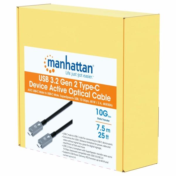 Cable USB-C de fibra óptica (AOC) USB 3.2 Gen 2 Manhattan Negro 7.5 M.